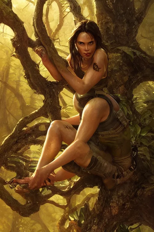 Image similar to lara croft sitting in a lotus position on a tree, foggy, close up, full body, backlit, oil painting, sunlit, paint texture, digital painting, highly detailed, artstation, sharp focus, illustration, concept art, ruan jia, charlie bowater, tom bagshaw, norman rockwell