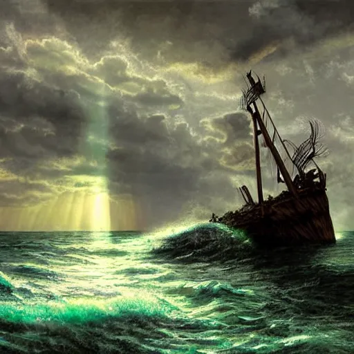 Image similar to wooden shipwreck of old pirate ship on rocks at sea, dramatic lighting, sun beams, god rays illuminating wreck, dark background, gloomy green sea, fantasy art, painting, concept art, oil painting, brushstrokes