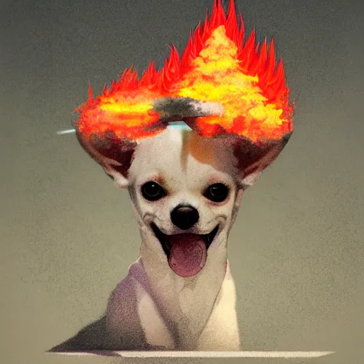 Prompt: white chihuahua made of smoke, lava and fire flying in the sky ; chihuahua flying in the sky ; chihuahua flying in the sky ; dmt entity ; lsd art, trending on artstation, style greg rutkowski