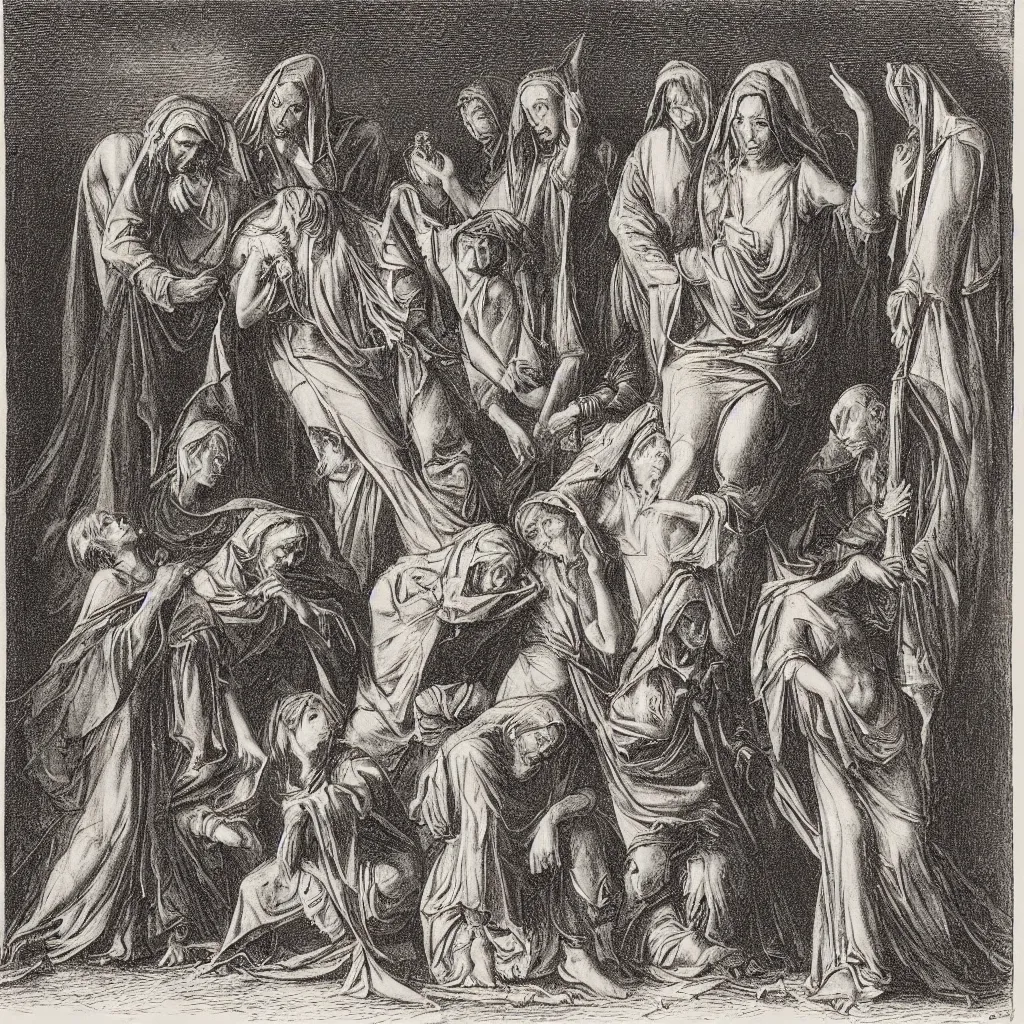 Image similar to a gustav dore etching of 3 maria's crying at the death of christ