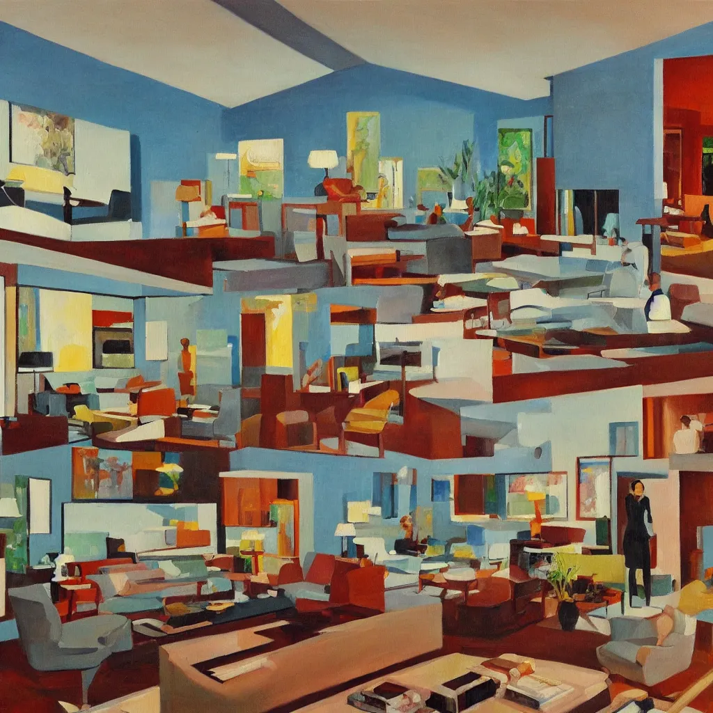 Image similar to an oil painting of the interior of a mid century modern house designed by both frank lloyd right and richard sera in palm springs