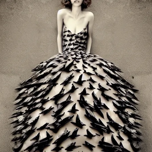 Image similar to “a beautiful woman in a fashionable dress made of pigeons, high fashion, photorealistic, fashion photography”