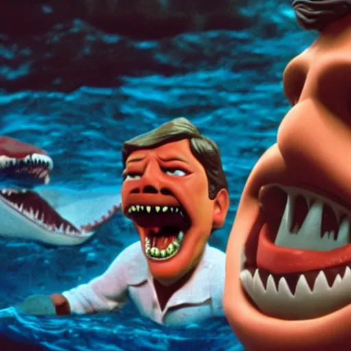 Image similar to jaws poster in the style of celebrity deathmatch, claymation, clay, vivid color, depth of field, Spielberg