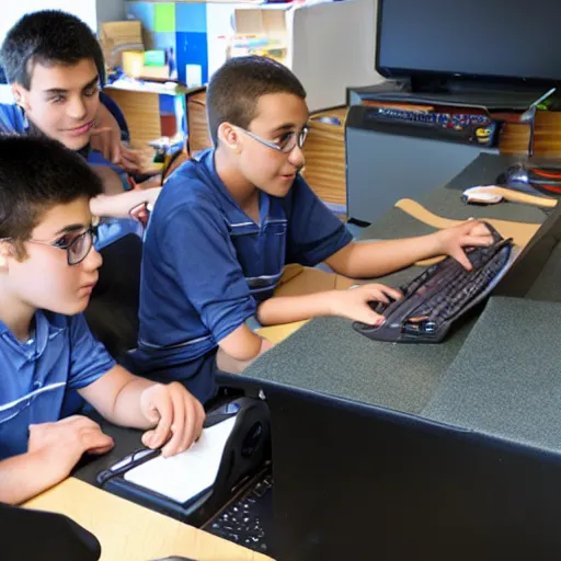 Prompt: four students playing in computer games