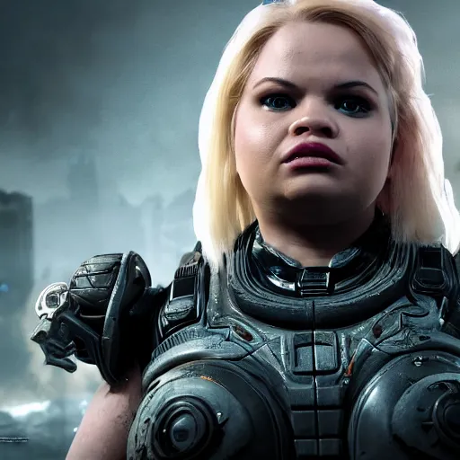 Image similar to Portrait of trisha paytas in Gears of War, splash art, movie still, cinematic lighting, dramatic, octane render, long lens, shallow depth of field, bokeh, anamorphic lens flare, 8k, hyper detailed, 35mm film grain