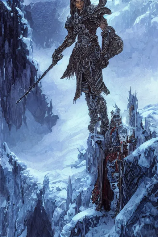 Image similar to a D&D death knight posing in front of an icy landscape, intricate, highly detailed, artstation, concept art, illustration, sharp focus, art by ralph horsley and alphonse mucha