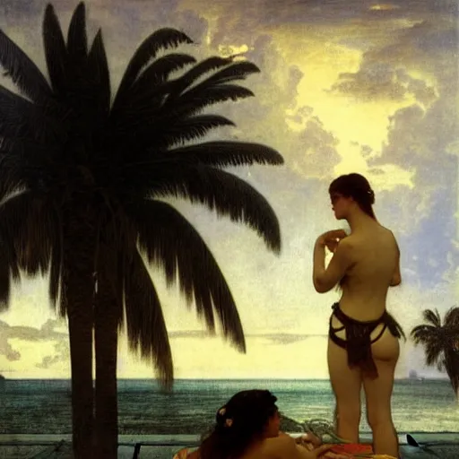 Image similar to Silhouette of two girls at the palace, thunderstorm, greek pool, beach and palm trees on the background major arcana sky, by paul delaroche, alphonse mucha and arnold böcklin arnold böcklin hyperrealistic 8k, very detailed