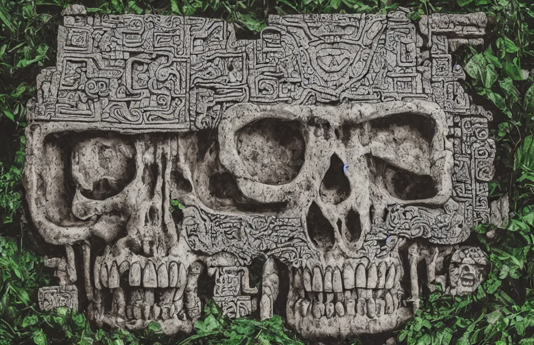 Image similar to mayan temple in form of punisher skull. background jungle