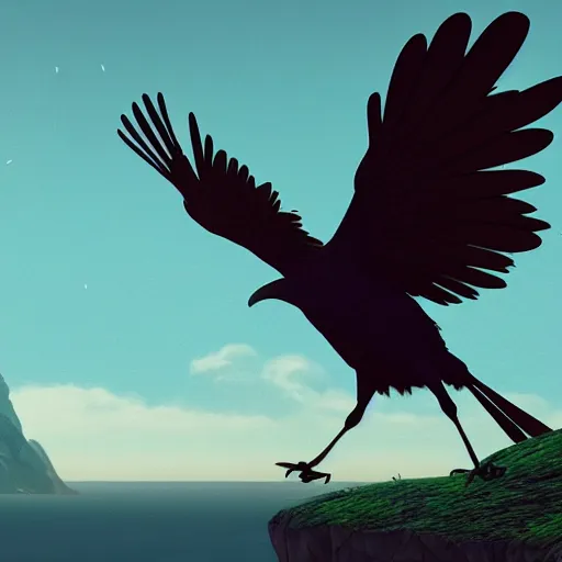 Image similar to a wholesome animation key shot of a crow flying towards an island in the night, medium shot, studio ghibli, pixar and disney animation, sharp, rendered in unreal engine 5, anime key art by greg rutkowski, bloom, dramatic lighting