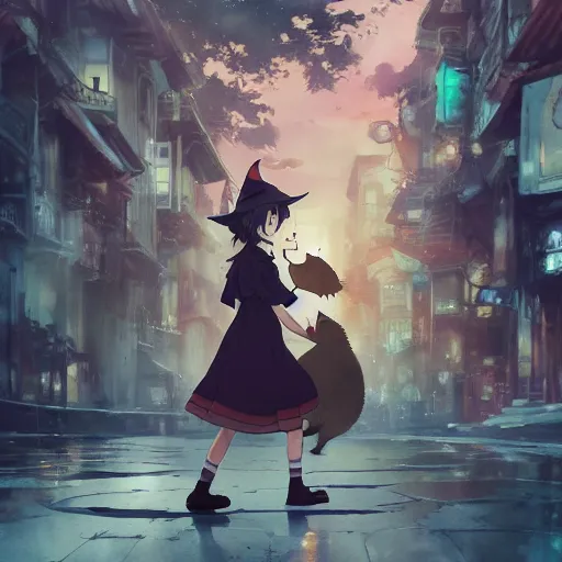 Prompt: anime key visual of a little witch with her capybara mascot walking through busy cities, cinematic lighting, dramatic atmosphere, by dustin nguyen, akihiko yoshida, greg tocchini, greg rutkowski, cliff chiang, 4 k resolution