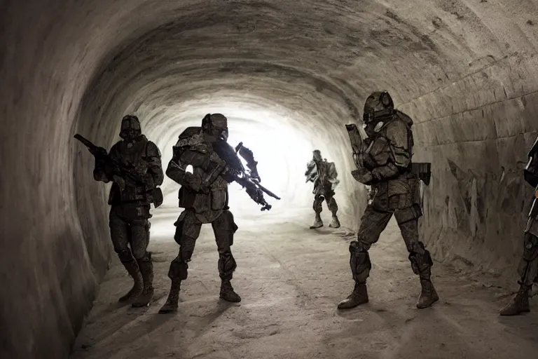 Image similar to battle between human soldiers and grey aliens in a dark underground tunnel