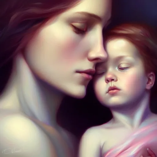 Image similar to love is patient love is kind, mother and child ; photorealistic oil painting by charlie bowater and mark blooms ; highly detailed cute faces by wlop ; trending on artstation