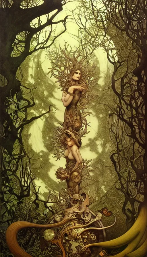 Prompt: M. C. Escher time machine, lush forest painted by tom bagshaw, mobius, mucha M. C. Escher, gold paint, ink, gnarly details