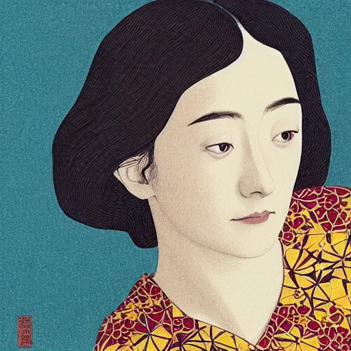 Prompt: “ saoirse ronan portrait by ikenaga yasunari and ayana otake and ko rakusui, 6 0 s poster, drawing, realistic, sharp focus, japanese, dreamy, nostalgia, faded, golden hues, floral clothes ”