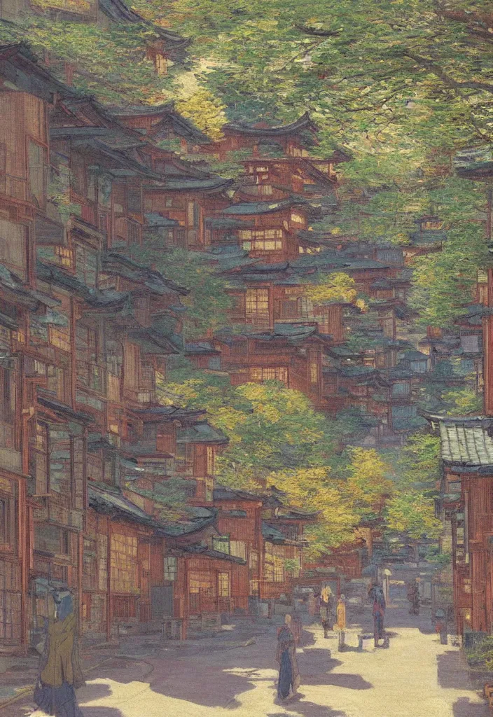 Image similar to a beautiful japanese city in the mountain, amazing ryokans and gorgeous edo era houses, epic cyberpunk, lofi vibe, colorful, vivide colors, amazing light, really beautiful nature, oil painting in impressionist style, by jeremy lipkin, by claude monet, by makoto shinkai, by van gogh, multiple brush strokes, inspired by ghibli, masterpiece, beautiful