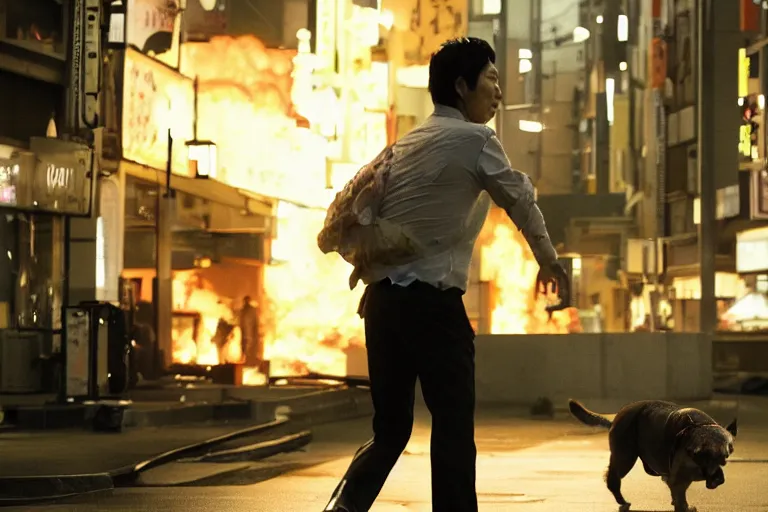 Image similar to cinematography action movie closeup portrait of a Japanese business man carrying his dog running from an explosion in Tokyo by Neil blomkamp