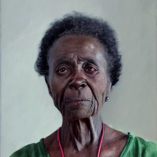 Image similar to a painting of a elder woman by Lynette Yiadom-Boakye . details, smooth, sharp focus, illustration, realistic, cinematic, artstation, award winning, rgb , unreal engine, octane render, cinematic light, macro, depth of field, blur, red light and clouds from the back, highly detailed epic cinematic concept art CG render made in Maya, Blender and Photoshop, octane render, excellent composition, dynamic dramatic cinematic lighting, aesthetic, very inspirational, arthouse.