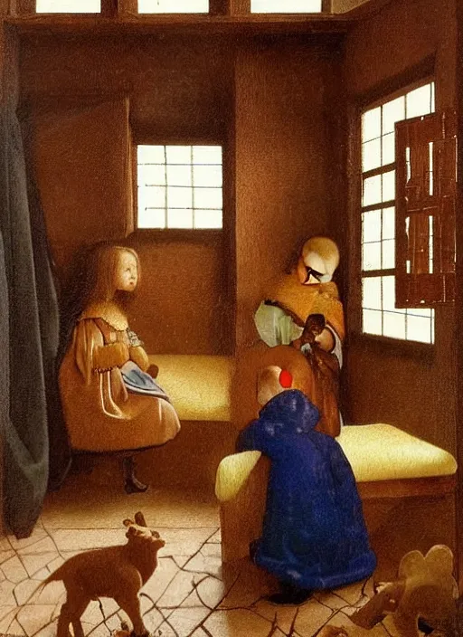 Prompt: cozy children room with toys, there was a crib with very high barred sides against the wall. The boy was holding a toy in his hands, apparently fiddling with it, medieval painting by Jan van Eyck, Johannes Vermeer