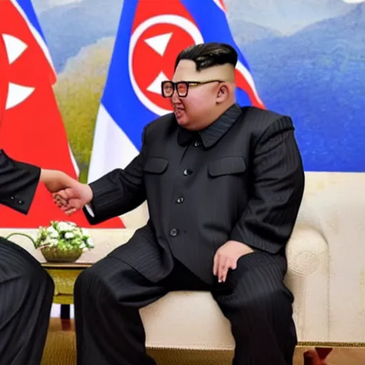 Prompt: photorealistic image of a meeting between kim jong un anf paul pot