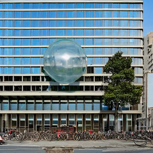 Prompt: giant inflatable bubbles attached to the facade of a 1960’s office building’s windows. Inside the inflatable bubbles are scaffold that hold floors with furniture and people. The inflatable bubbles are made out of clear plastic sheeting. Ultrarealistic, vray, 8k, cinematic.