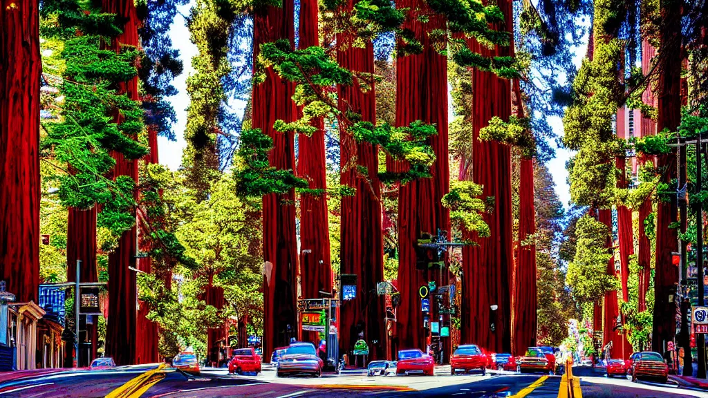 Prompt: Market Street San Francisco lined with Redwood Trees; City in Harmony with Nature; Location: San Francisco, California; retro-natural-futurism; Trees photographed by Neil Burnell