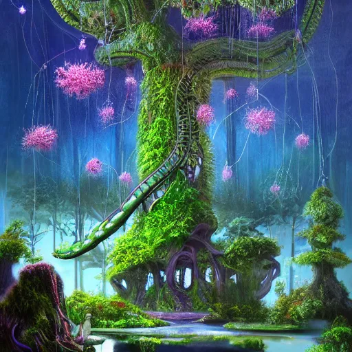 Prompt: futuristic treehouse in alien forest with unusual tangled flowering alien plants and trees and luminous pond detailed 8k magical realism painting