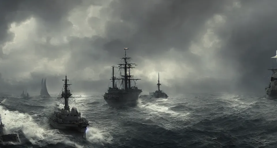 Image similar to battleship as tall as a mountain with huge sails, raging sea foggy, dramatic, action scene, stormy background, shipfleet on the horizon, high detail, unreal engine, octane render, 8 k high definition, photorealistic