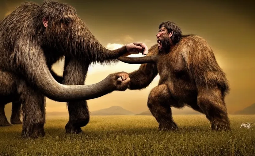 Image similar to made 1 5 0's neanderthal fighting with mammoth, perfect dynamic posture, perfect dynamic environment, perfect dynamic body form, perfect dynamic pose, trending pinterest, perfect dynamic position, award winning photo by national geographic, and pulittzer winner, realistic, bokeh, reduce duplication interference