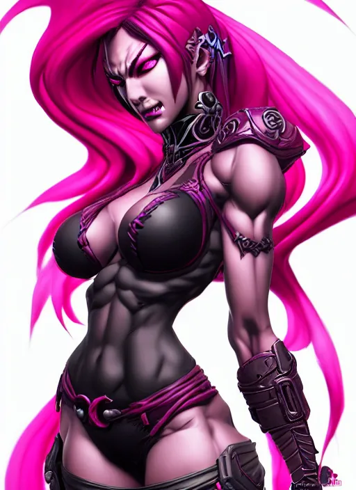 Image similar to lilith from darksiders, wide angle view, neon pink and black color scheme, highly detailed, artgerm, cushart krenz, king of fighters style, trending on artstation, soft light, sharp focus, illustration, character design, concept art