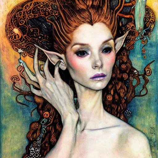 Prompt: head and shoulders portrait of a female elf sorcerer, royo, klimt, miro, vallejo, frazetta, giger, whealan