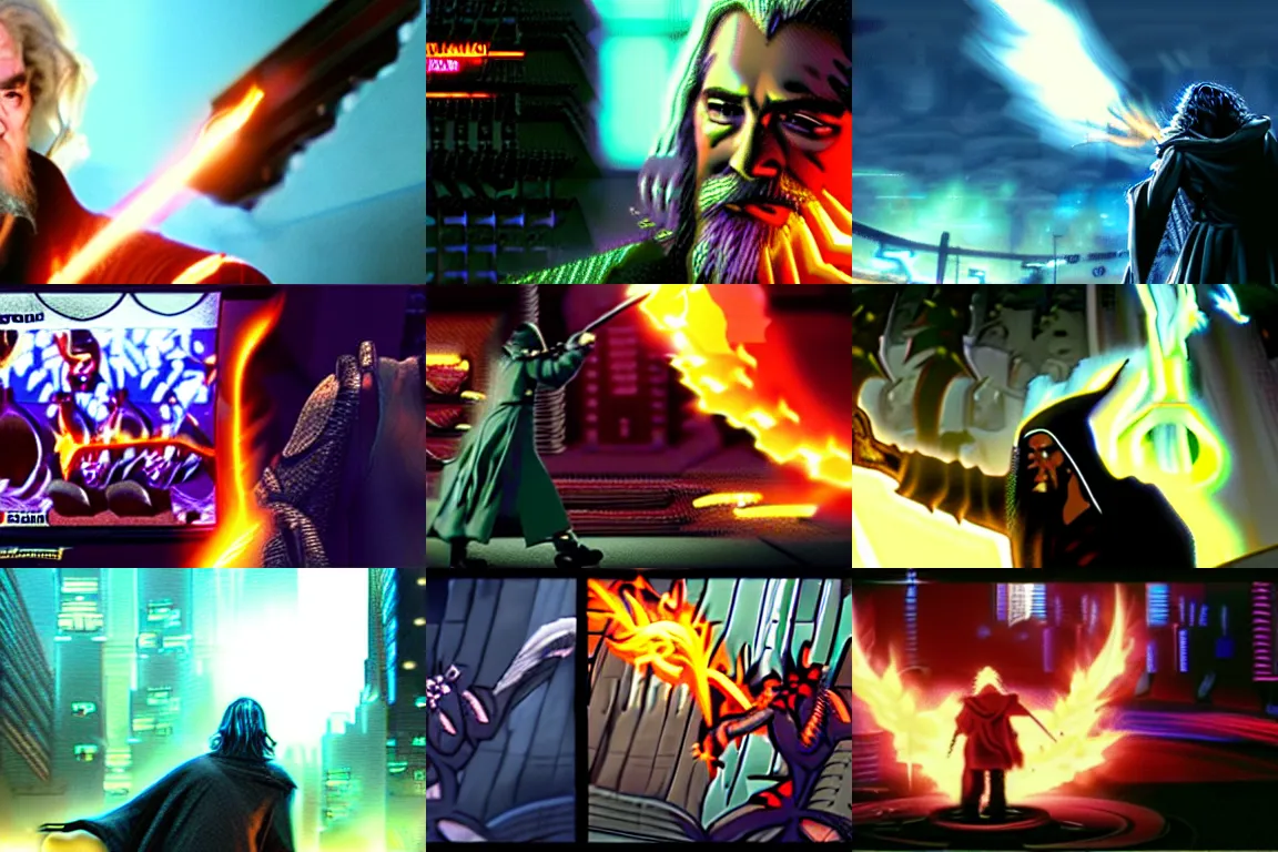 Prompt: cyberpunk gandalf fighting the fiery balrog cinematic shot