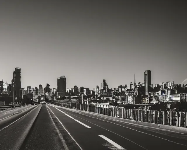 Prompt: a road leading to a silhouette of city