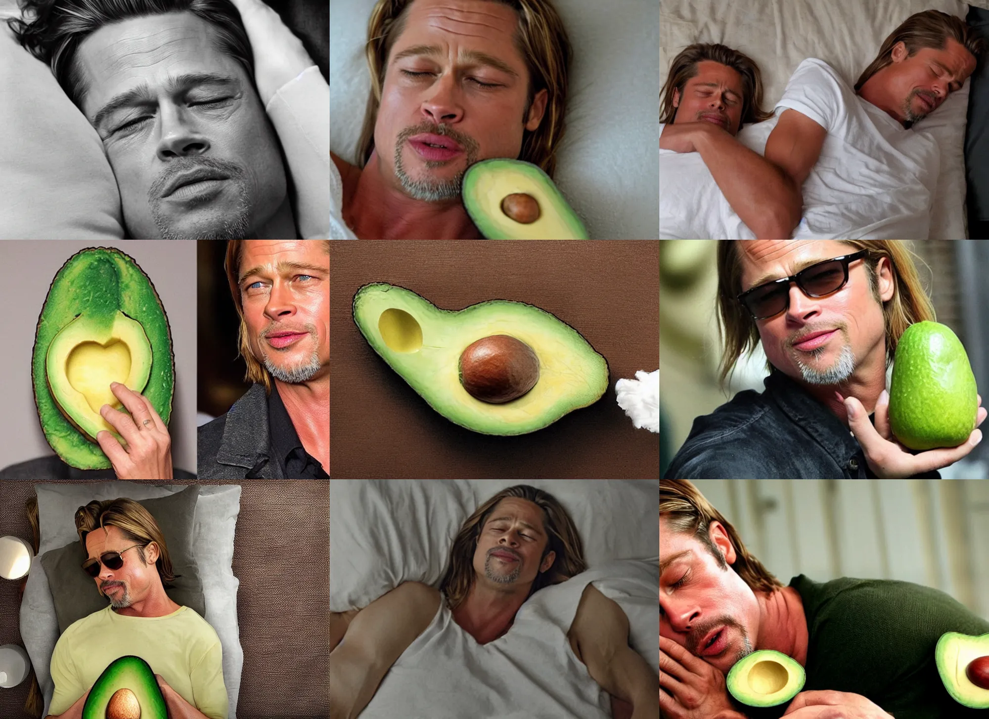 Prompt: the sleeping face of brad pitt in the middle of an avocado