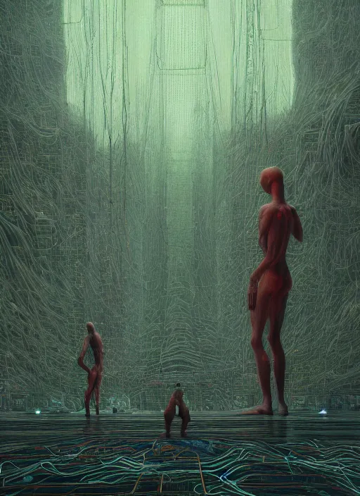 Prompt: HE AWAKENED, neon, they are watching, RGB, glowing wires everywhere, pristine, by Edgar Maxence and Ross Tran, Zdzisław Beksiński, and Michael Whelan, distant, gustav dore, H.R. Giger, 8k, octane render