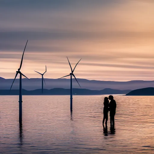 Prompt: an photo showing a view of lake siljan, a kissing couple in the foreground and many wind turbines in the lake, golden hour, sigma 5 5