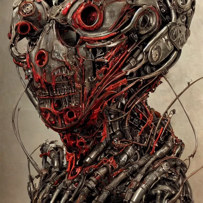 Image similar to in the art style of H.R. Giger a portrait of an evil, demented, battle-damaged ruby Ultron from Age of Ultron, clockwork steampunk, head and chest only, by Beksinski, 4k, deviantart, trending on artstation, bio-chemical, bionic, fiber-optics, wires, electrical, short circuit, robocop, terminator, t-800, T-1000, endoskeleton, steampunk