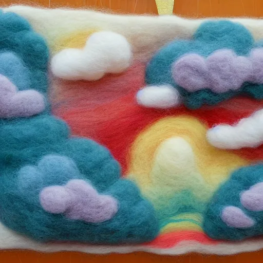 Prompt: a large, complex needle felting of on oncoming thunderstorm