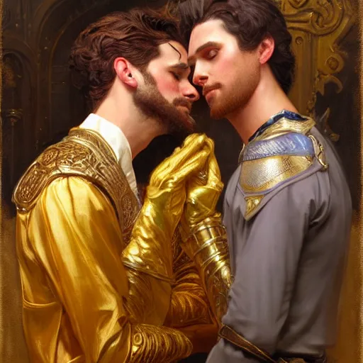 Image similar to attractive fully clothed king confesses his love for his attractive fully clothed male prince. highly detailed painting by gaston bussiere, craig mullins, j. c. leyendecker 8 k