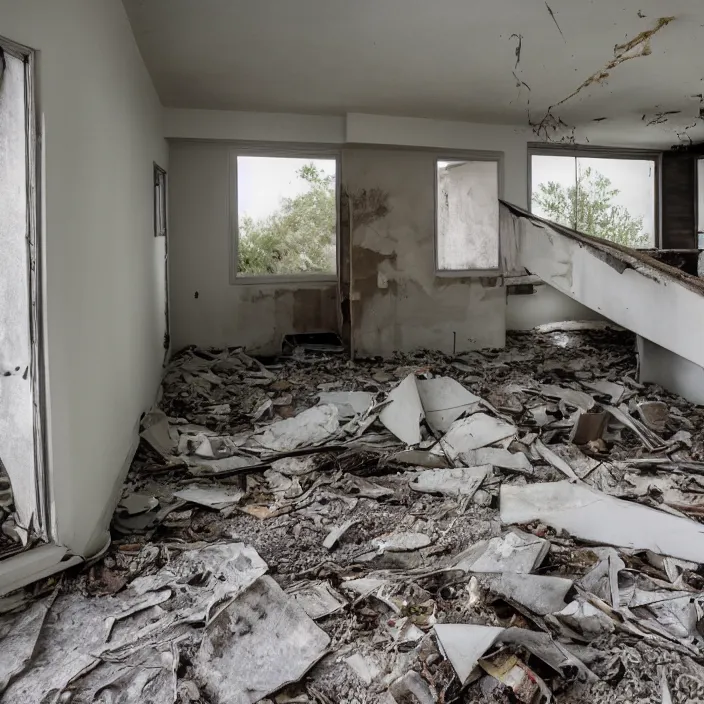 Image similar to abandoned modern home interior, color photograph, canon eos c 3 0 0, ƒ 1. 8, 3 5 mm, 8 k, medium - format print