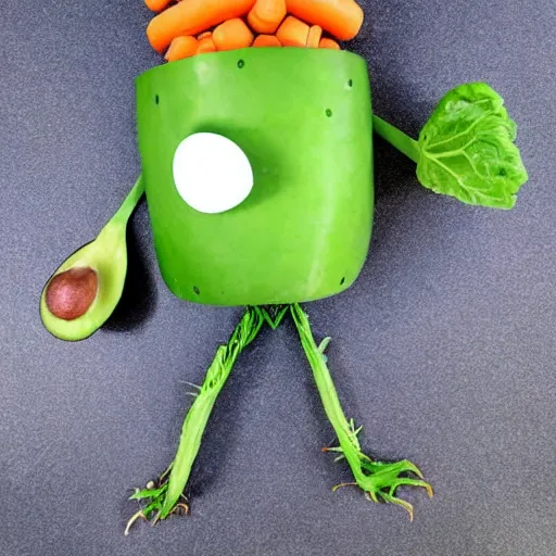 Image similar to little happy robot made of vegetables with big avocado hat and a carrot sword, made in abyss style