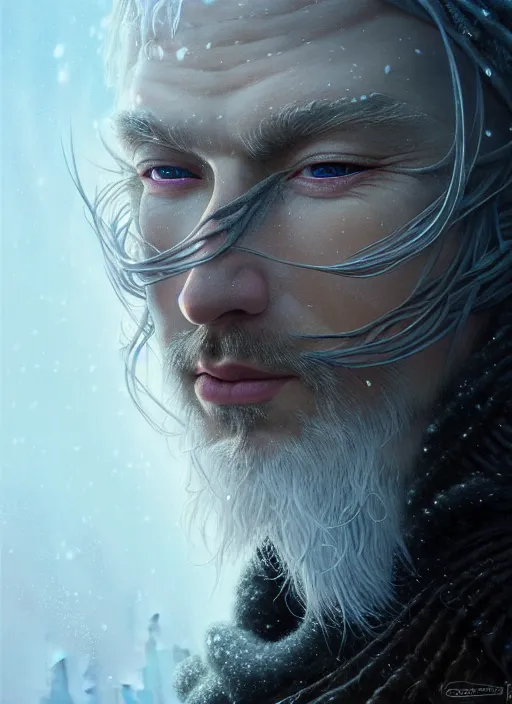 Image similar to closeup portrait shot of a snow wizard in a scenic dystopian environment, intricate, elegant, highly detailed, centered, digital painting, artstation, concept art, smooth, sharp focus, illustration, artgerm, tomasz alen kopera, peter mohrbacher, donato giancola, joseph christian leyendecker, wlop, boris vallejo