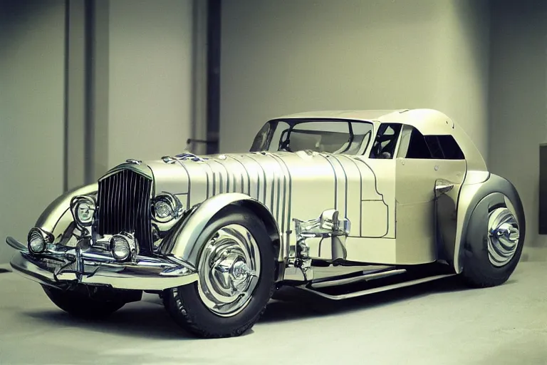 Image similar to single futuristic duesenberg model sj concept, inside of a minimalist Tokyo garage, ektachrome photograph, volumetric lighting, f8 aperture, cinematic Eastman 5384 film