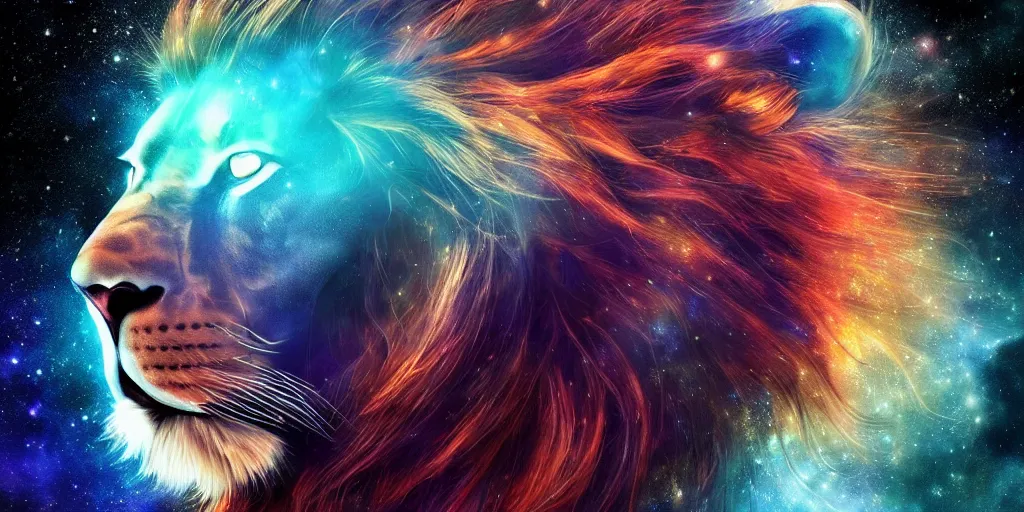 Prompt: great cosmic lion basked in dark matter in space, concept art, digital illustration, trending on artstation, deviantart, artgerm, epic composition, masterpiece, highly detailed, advanced technique, ambient lighting, wlop, ross draws