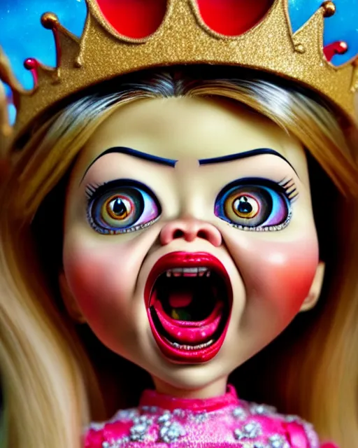 Prompt: closeup profile portrait of a tin toy ivanka trump screaming as a fairytale princess chucky doll wearing a crown and eating cakes, bikini, hyper realistic, artstation, illustration, nicoletta ceccoli, mark ryden, lostfish, max fleischer, digital paint, matte paint, vivid colors, bright, cheerful, detailed and intricate environment