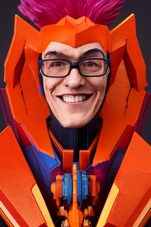 Prompt: portrait of Rodimus (wearing glasses and smiling) IDW MTMTE TFWiki, Very highly detailed 8K, octane, Digital painting, the golden ratio,