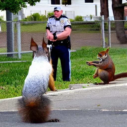 Image similar to a dog-cop ticketing a squirrel with a fine for speeding