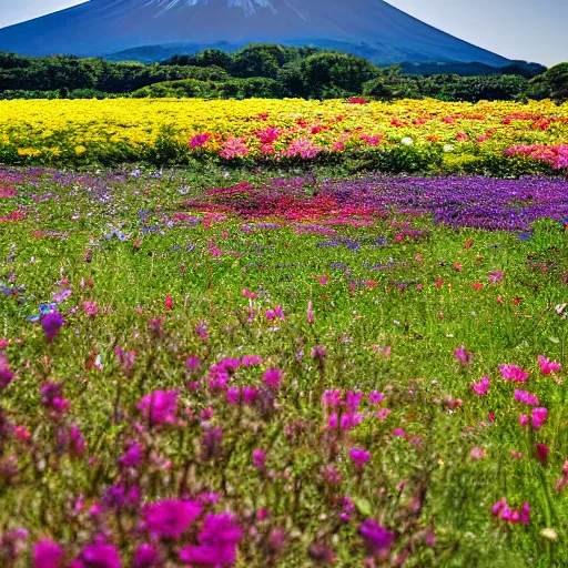 Prompt: Field of mixed flowers, Mount Fuji blurred in the background, good news on Sunday