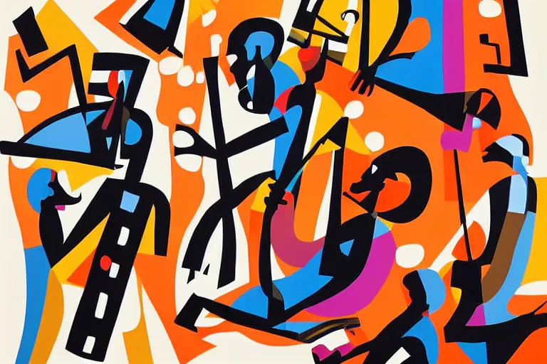 Prompt: 3 jazz musicians, head and shoulders playing with musical notes as abstract art in the style of Stuart Davis