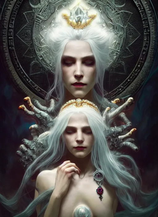 Prompt: a beautiful white haired queen, adorned with precious stone jewelry, intricate concept art, ominous, sinister dark fantasy, occult, spells, magic, enchanted, misty, dramatic lighting, dark lovecraft cthulhu in the background, octane render, 8 k, ruan jia and tom bagshaw and alphonse mucha