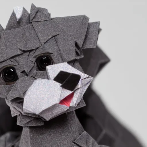 Image similar to a grey black hairless miniature toy poodle in the Taiwan valleys, made from origami, videogame still in Tekken 7, 40mm lens, shallow depth of field, split lighting